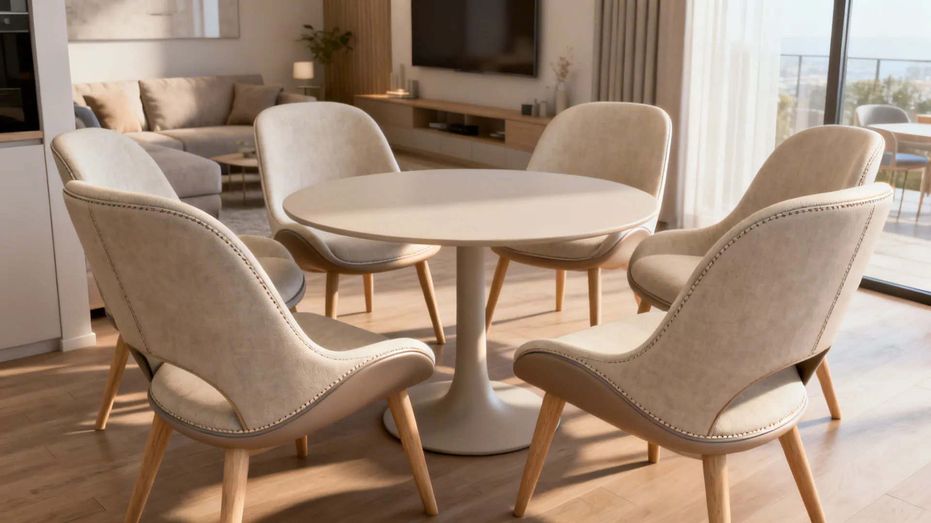 Compact dining area with six curved-back ergonomic chairs around a round pedestal table.
