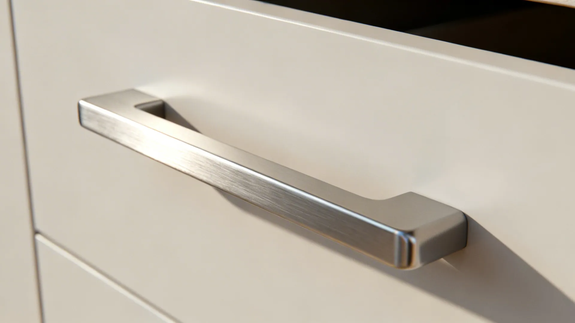 Macro view of a rounded D-pull on a deep drawer with ample finger clearance.