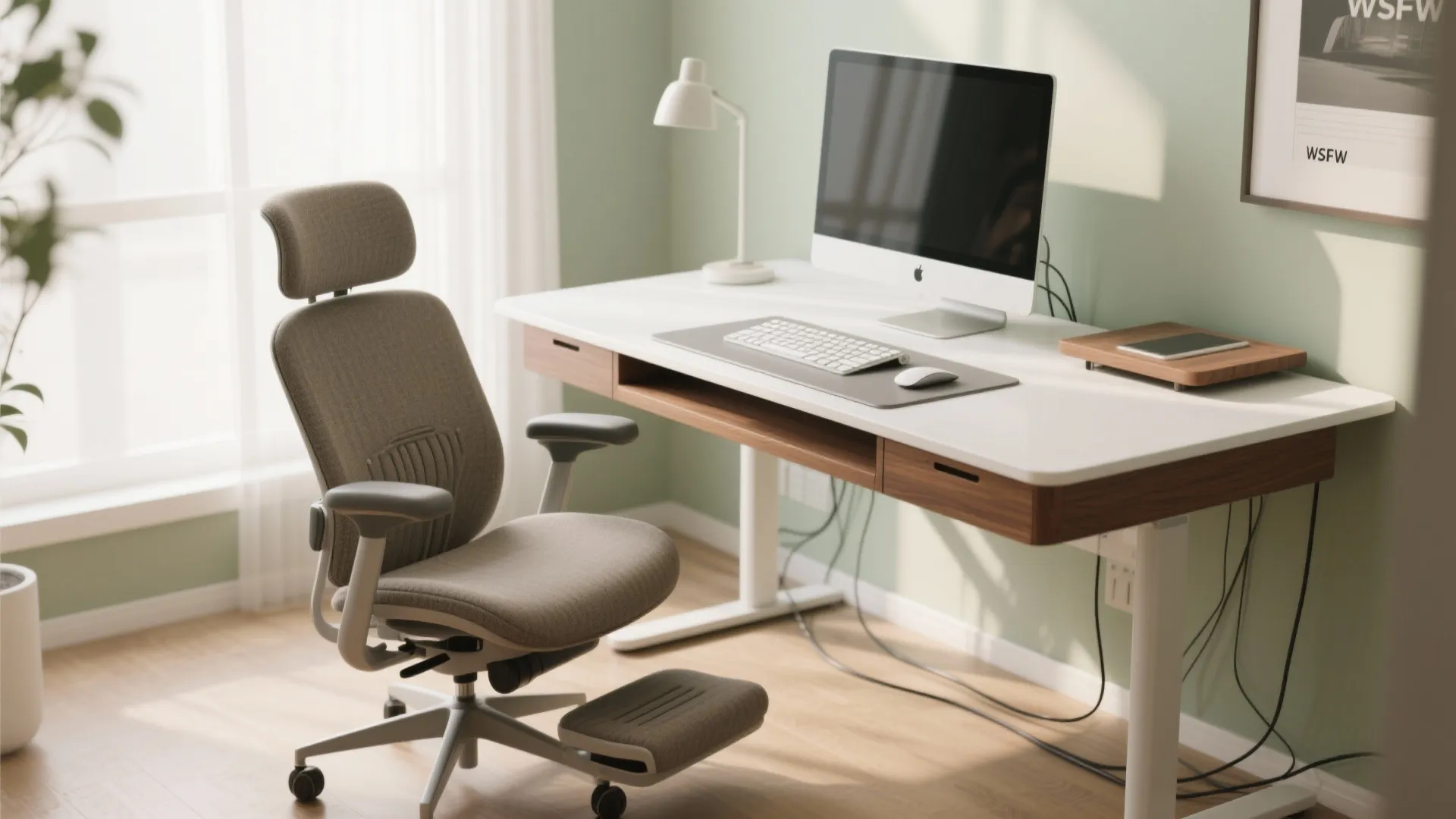 Ergonomic study setup with lumbar chair, footrest, eye-level monitor, and a neutral keyboard tray.