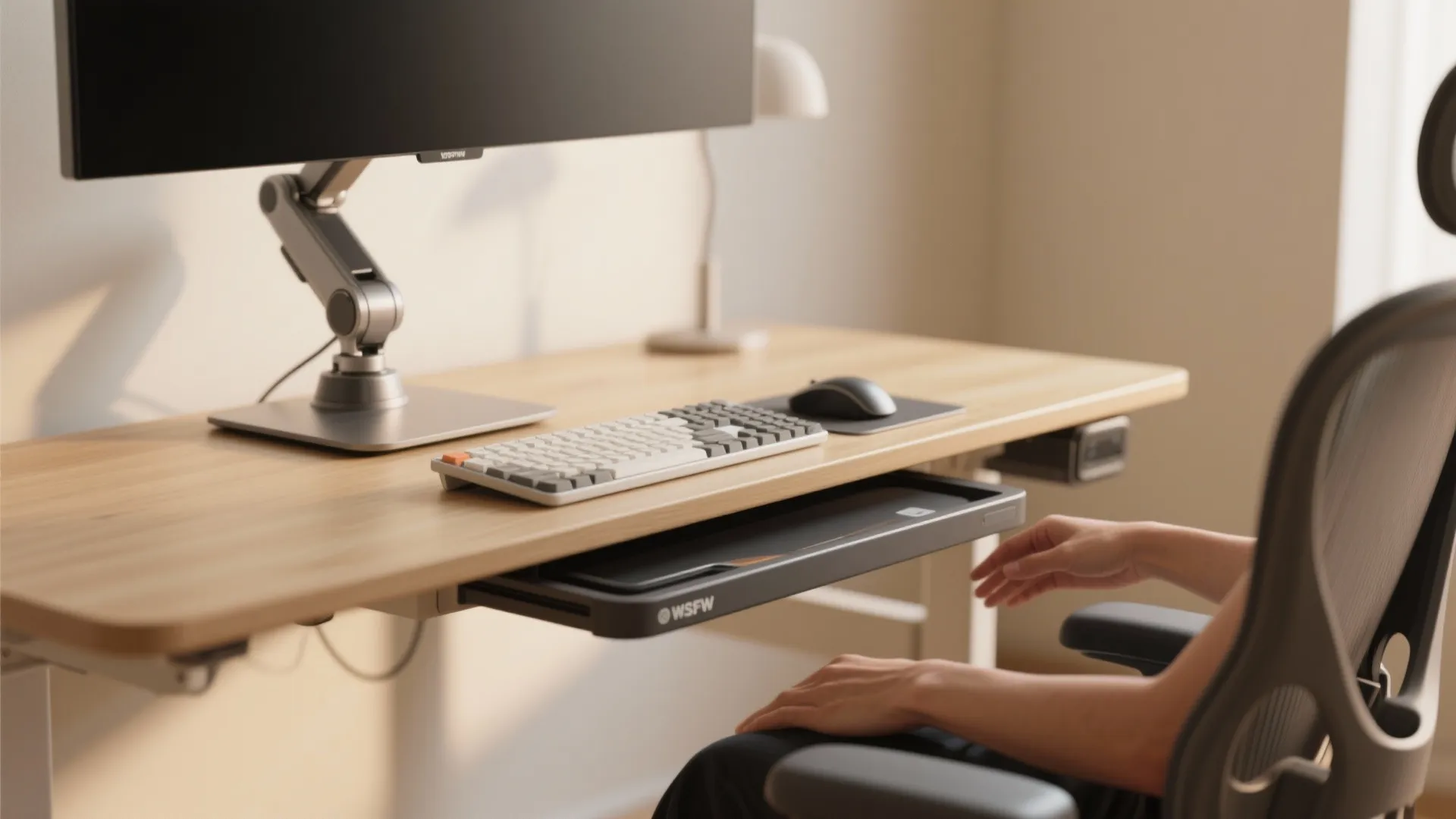 Ergonomic desk setup with monitor arm keyboard mouse and person sitting in an office chair