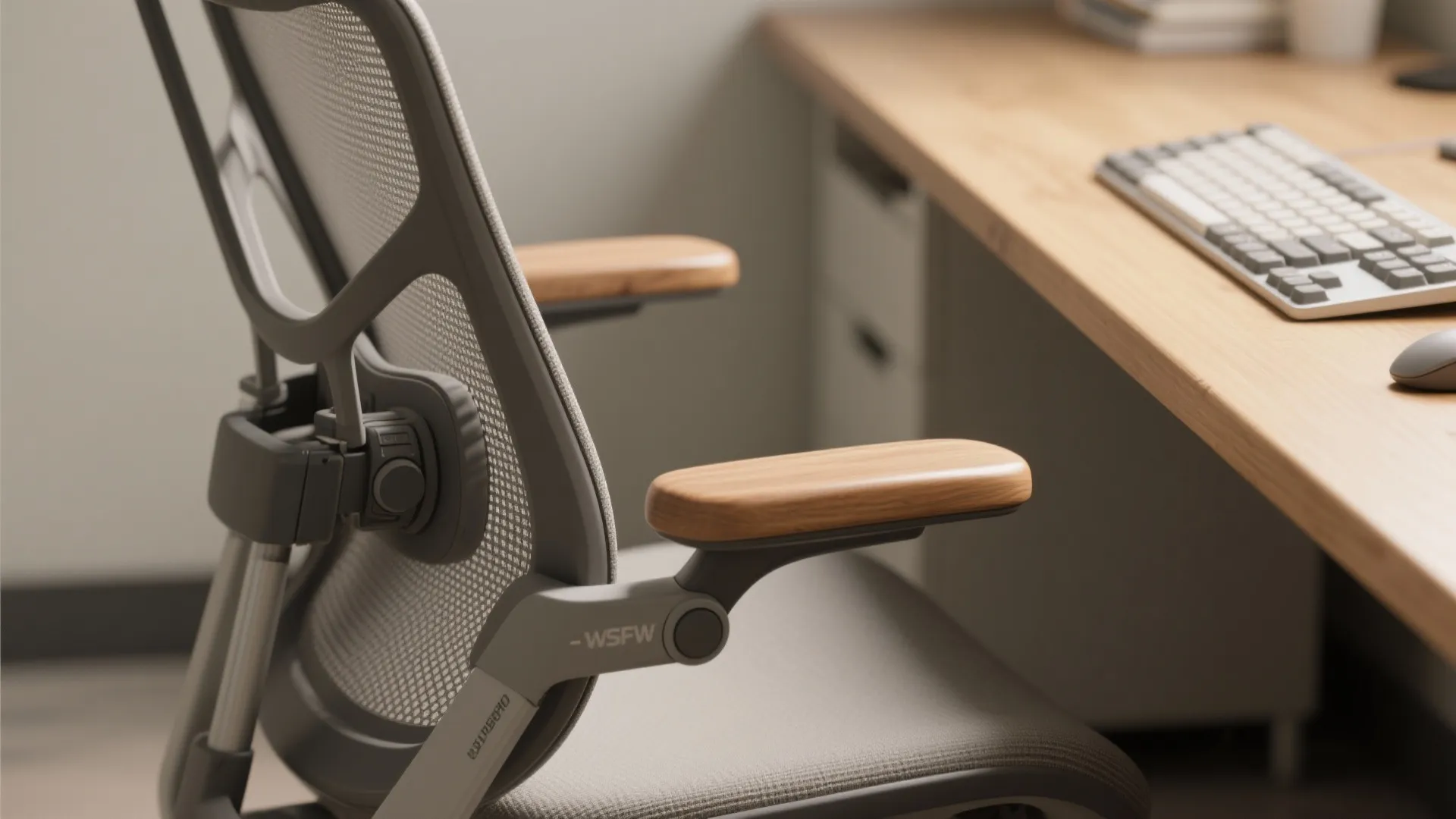 Macro of lumbar-support task chair and keyboard at neutral wrist height on a warm wood desk.