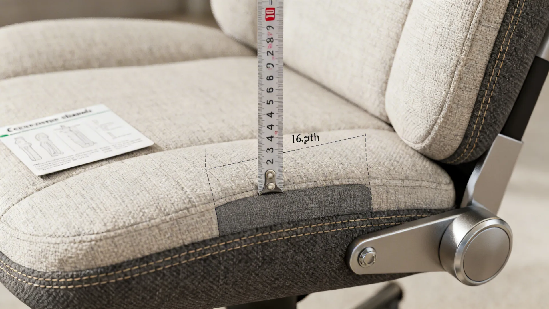 Close-up of sofa seat with measuring tape showing ergonomic seating dimensions.