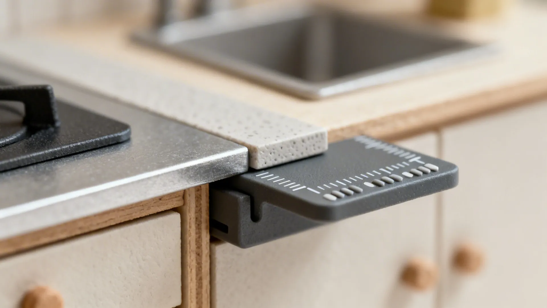 Close-up of an adjustable counter edge with a measuring tool on a kitchen prototype.