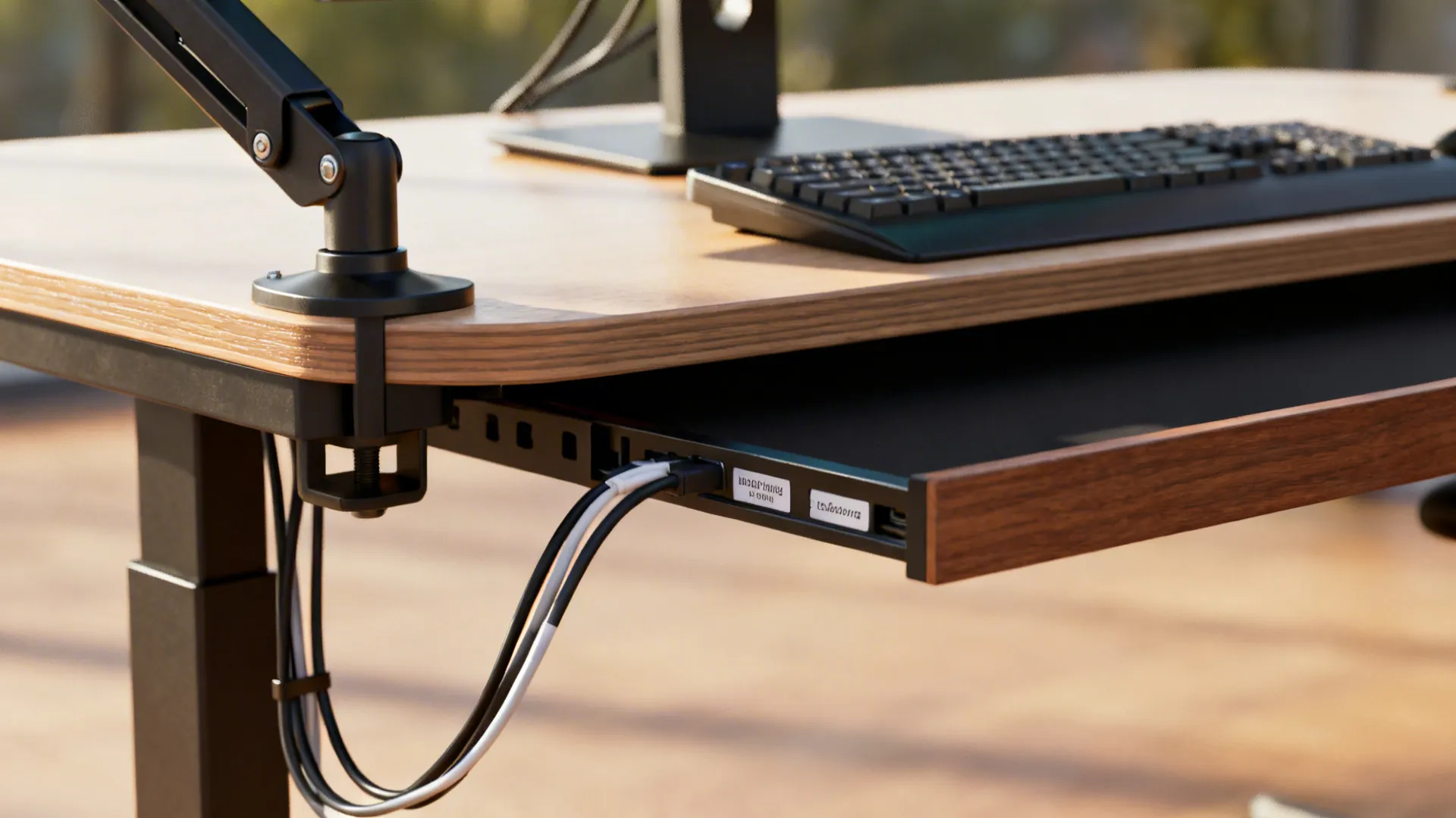 Close-up of ergonomic elements: monitor arm, keyboard placement and under-desk cable tray on an L-desk.