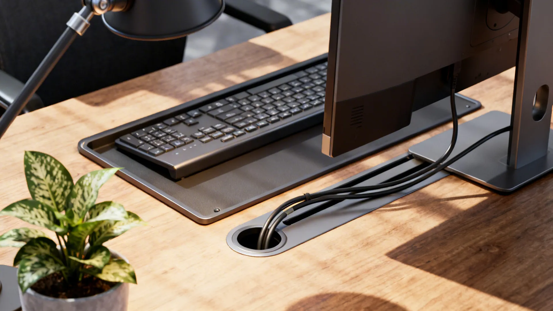 Ergonomic desk setup with adjustable lamp, monitor at eye level, cable grommet and plant