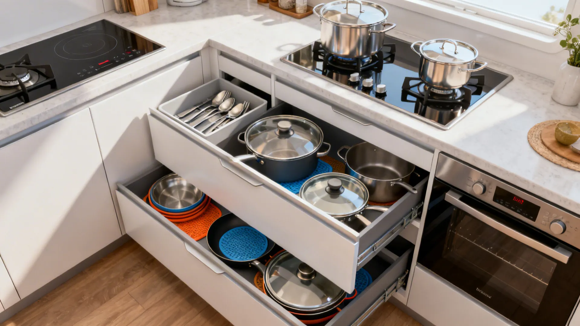 Top-down view mapping graduated tandem drawers by task near the cooktop for efficient workflow.