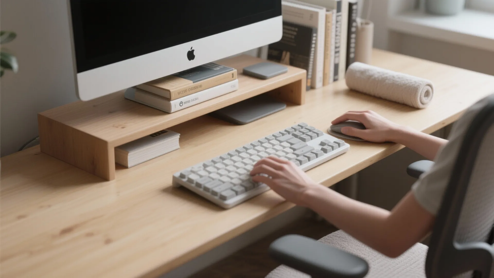 Person using a white keyboard and mouse on a wooden desk with a computer screen