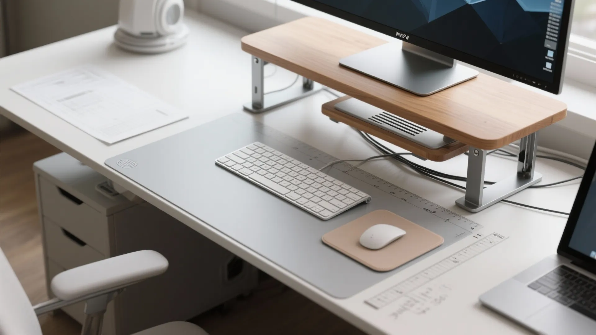 Modern white office desk featuring wooden monitor stand white keyboard grey desk mat and laptop