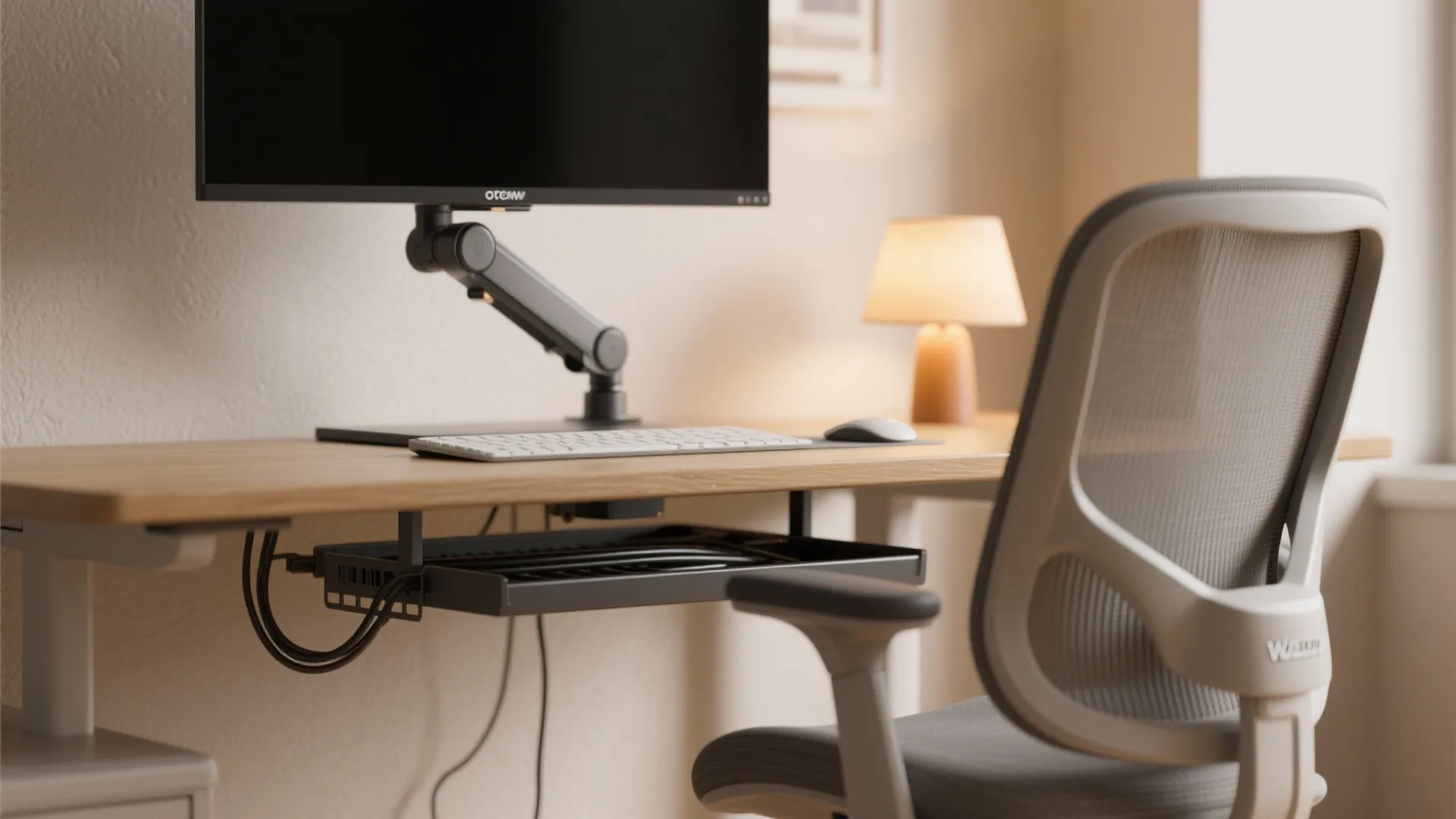 Ergonomic office essentials including monitor arm, ergonomic chair detail, cable tray, and warm task lamp.