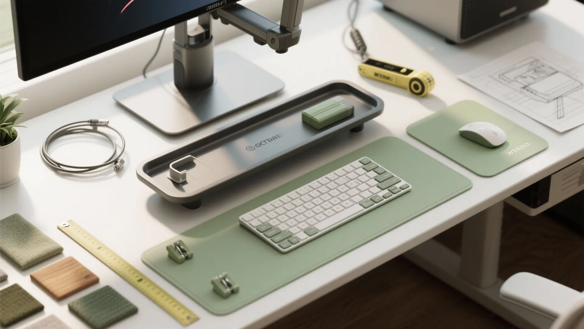 Top view of white desk featuring green mat keyboard mouse ruler and small fabric swatches
