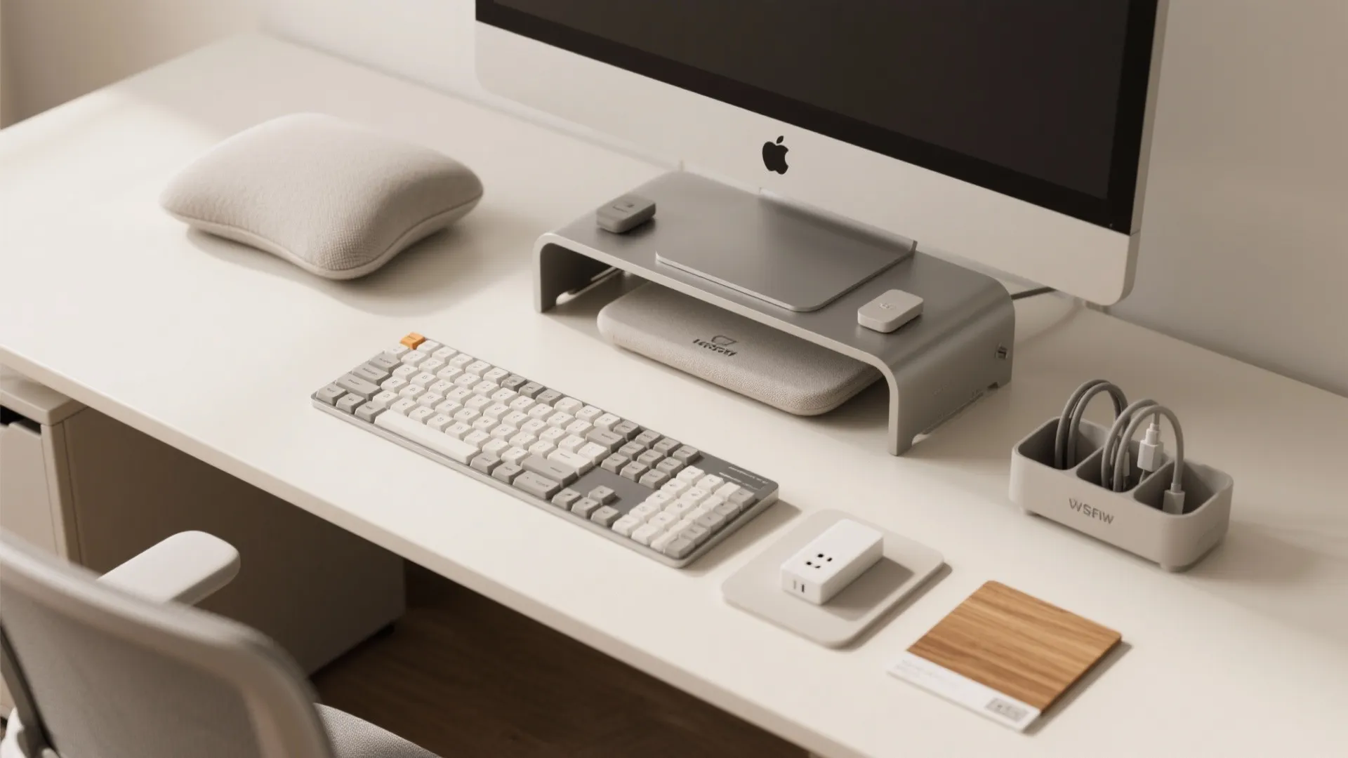 Flatlay of ergonomic accessories and cable management tools for small desks.