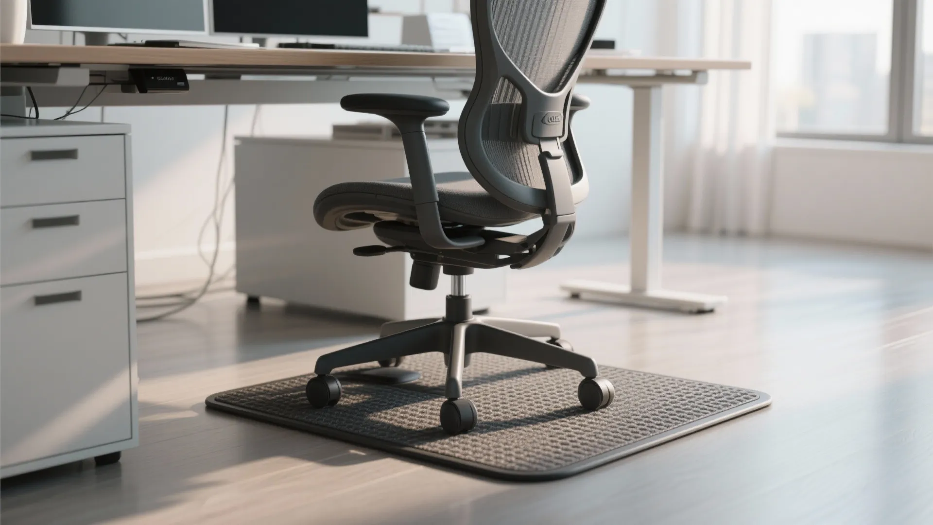 Grey mesh office chair on a textured rug under a white desk in a room