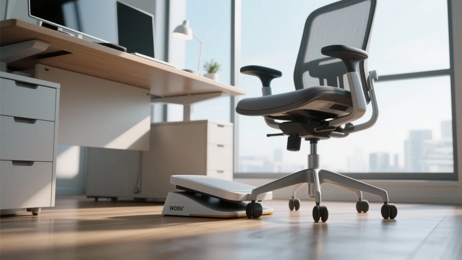 Ergonomic footrest placed neatly under an office desk