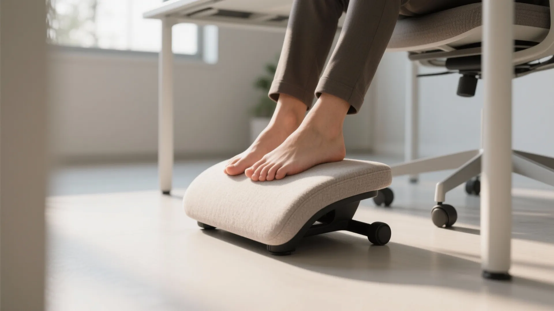 Person using a cushioned grey footrest under a white desk for ergonomic support in office