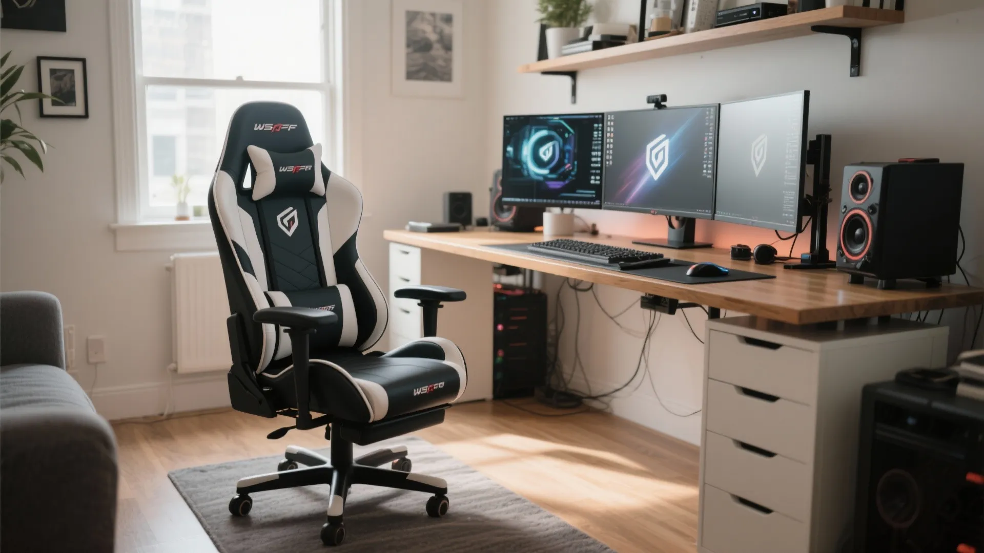 Modern home office setup with black and white gaming chair wooden desk and triple monitors