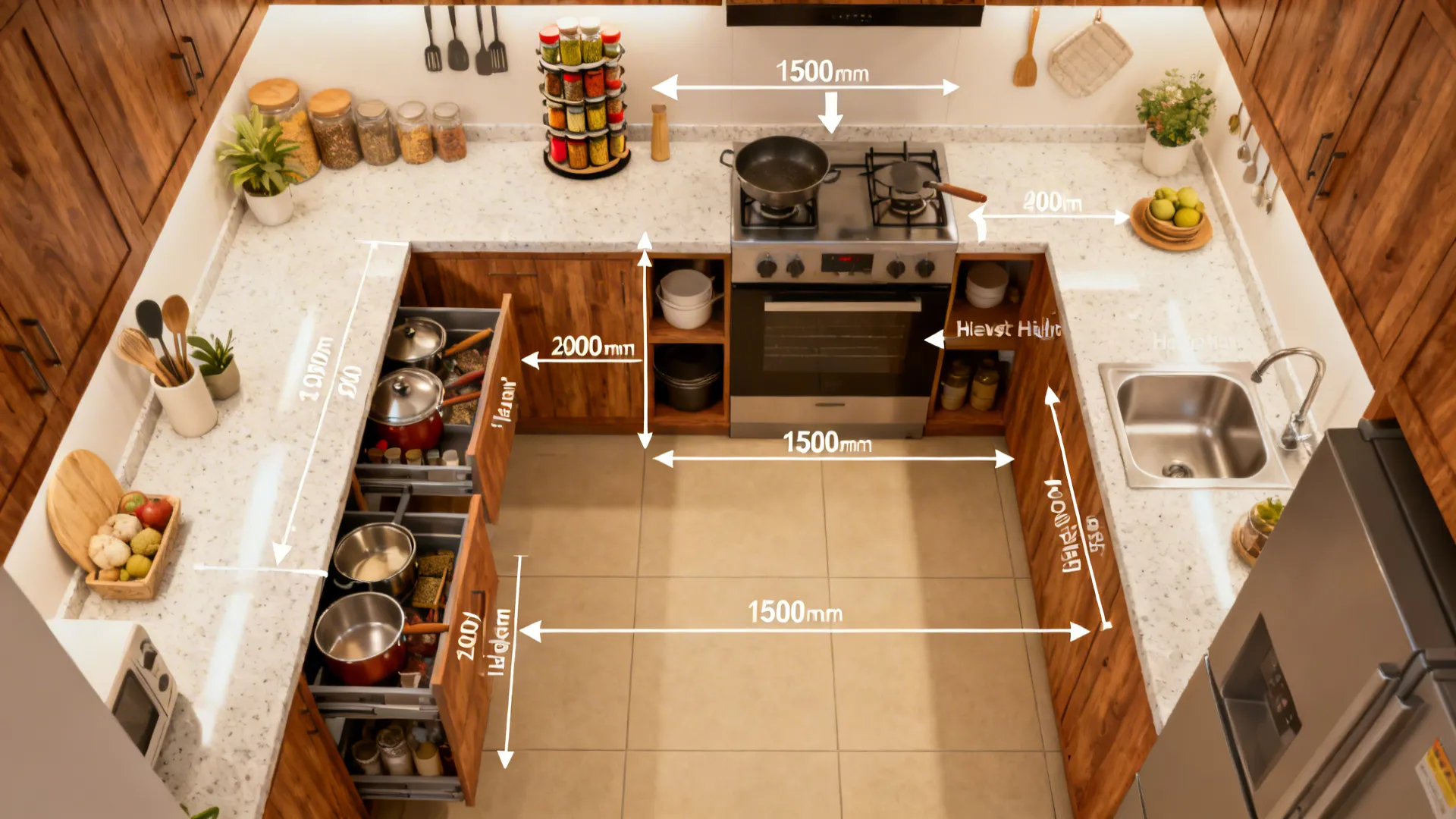 Top-down kitchen layout showing mid-reach storage zones with pull-outs and spice tower at elbow height.