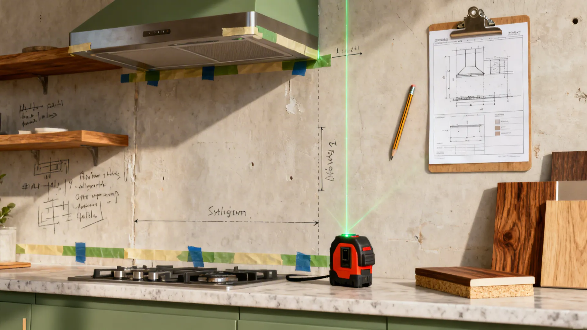 Painter’s tape bands mark counter, shelf, and hood heights on a kitchen wall.