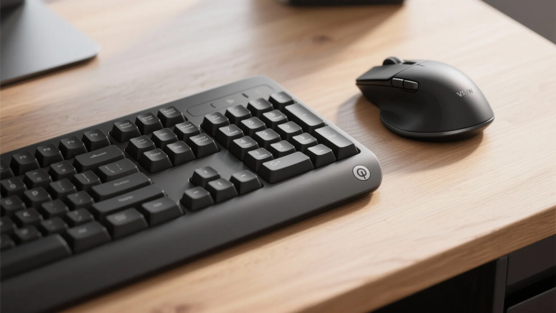 Black wireless keyboard and ergonomic mouse sitting on a light wood desk in a home office