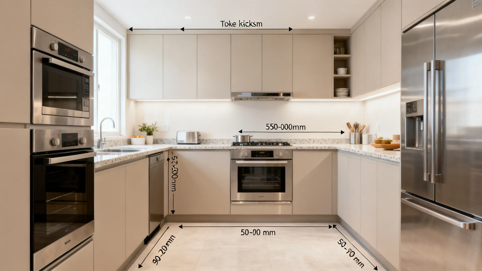 Small kitchen highlighting ergonomic toe-kicks, handle clearances, and comfortable appliance heights