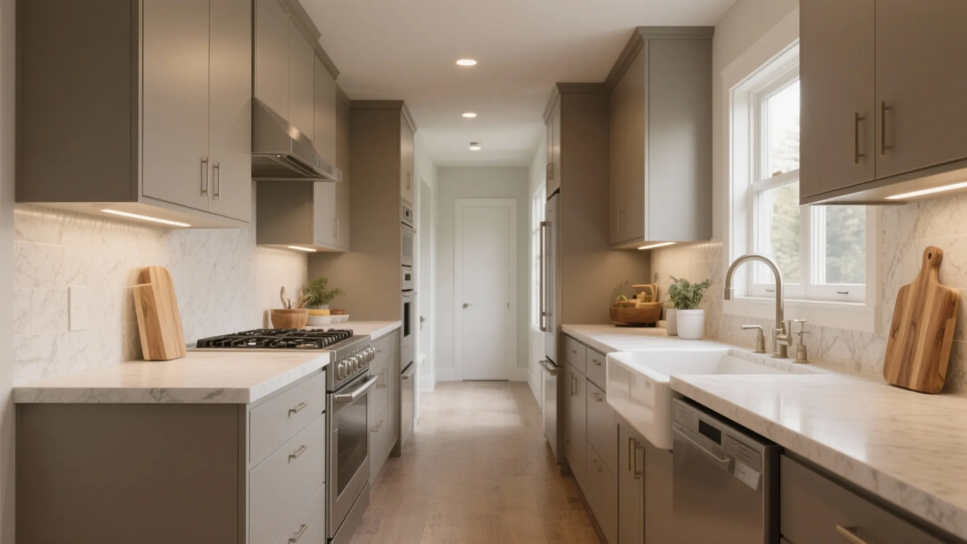 Modern galley kitchen with grey cabinets white marble countertops steel stove sink and wood floor