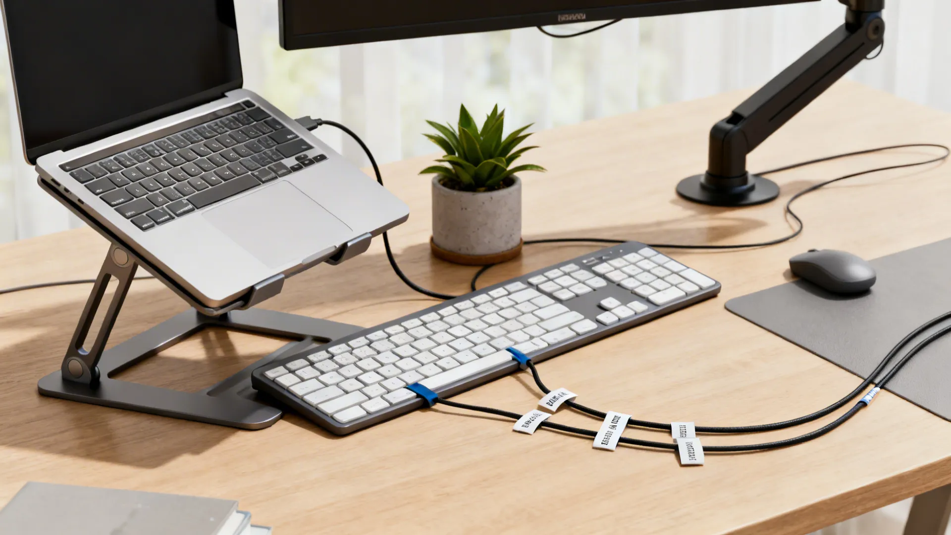 Budget ergonomics kit: laptop stand, external keyboard, monitor arm and cable labels on a tidy desk