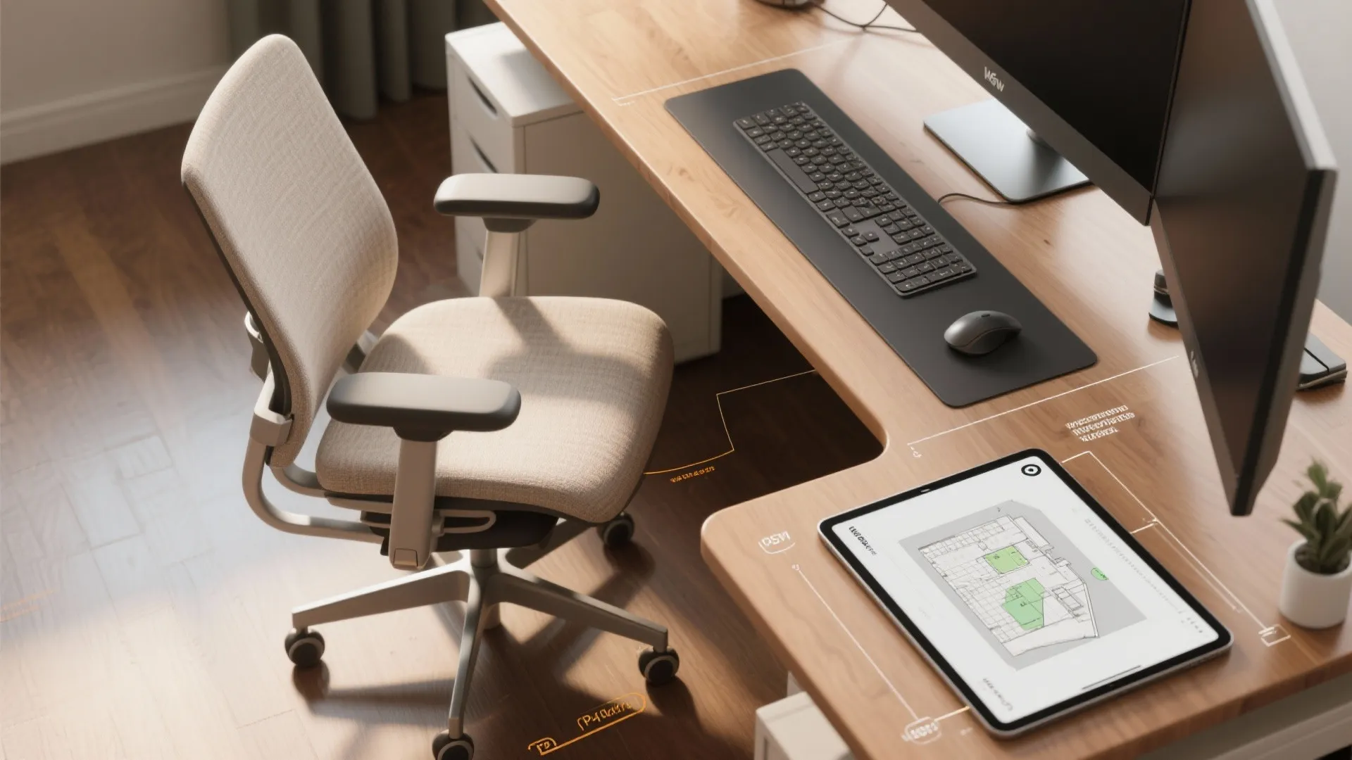 Comfortable office chair at a wooden desk with a computer monitor keyboard and a tablet