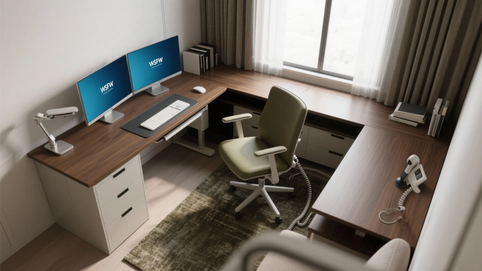 Ergonomic layout: zones for deep work, calls, and a stretch