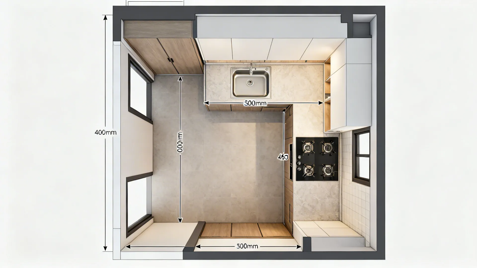 Top-down ergonomic layout showing clearances and a sink–prep–hob sequence in a compact kitchen.