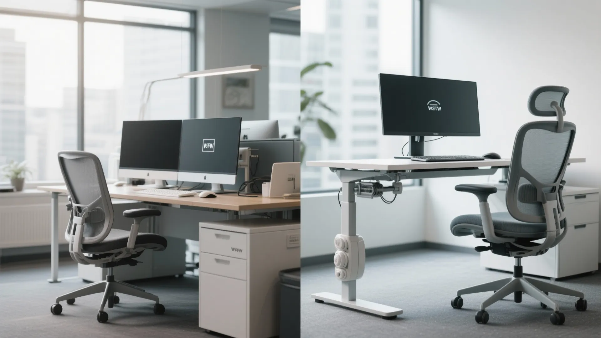 Before and after comparison of a standard office desk versus an ergonomic height adjustable standing desk