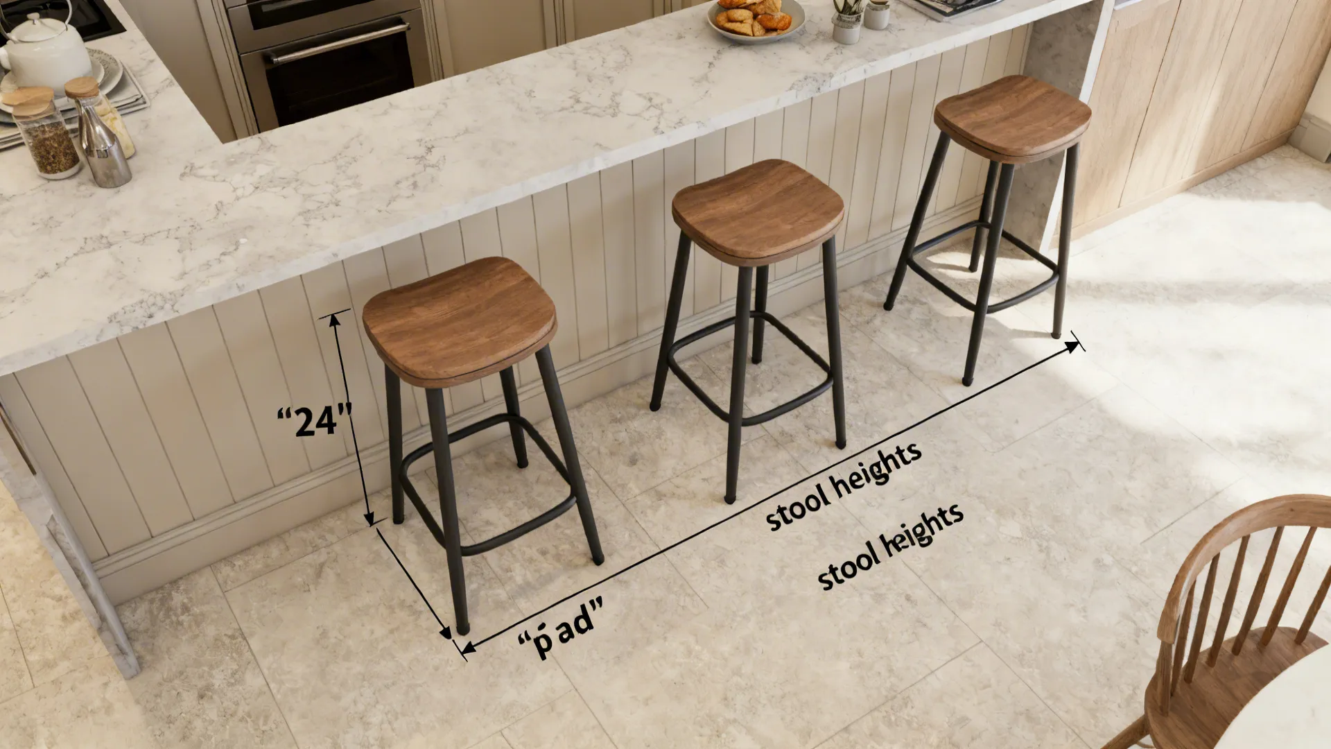 Top-down layout with measurement guides for stool heights and seat spacing at a wall-mounted bar