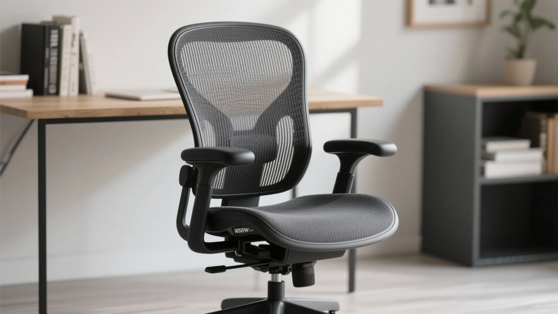 Black ergonomic mesh office chair with armrests placed in front of wooden desk and bookshelf