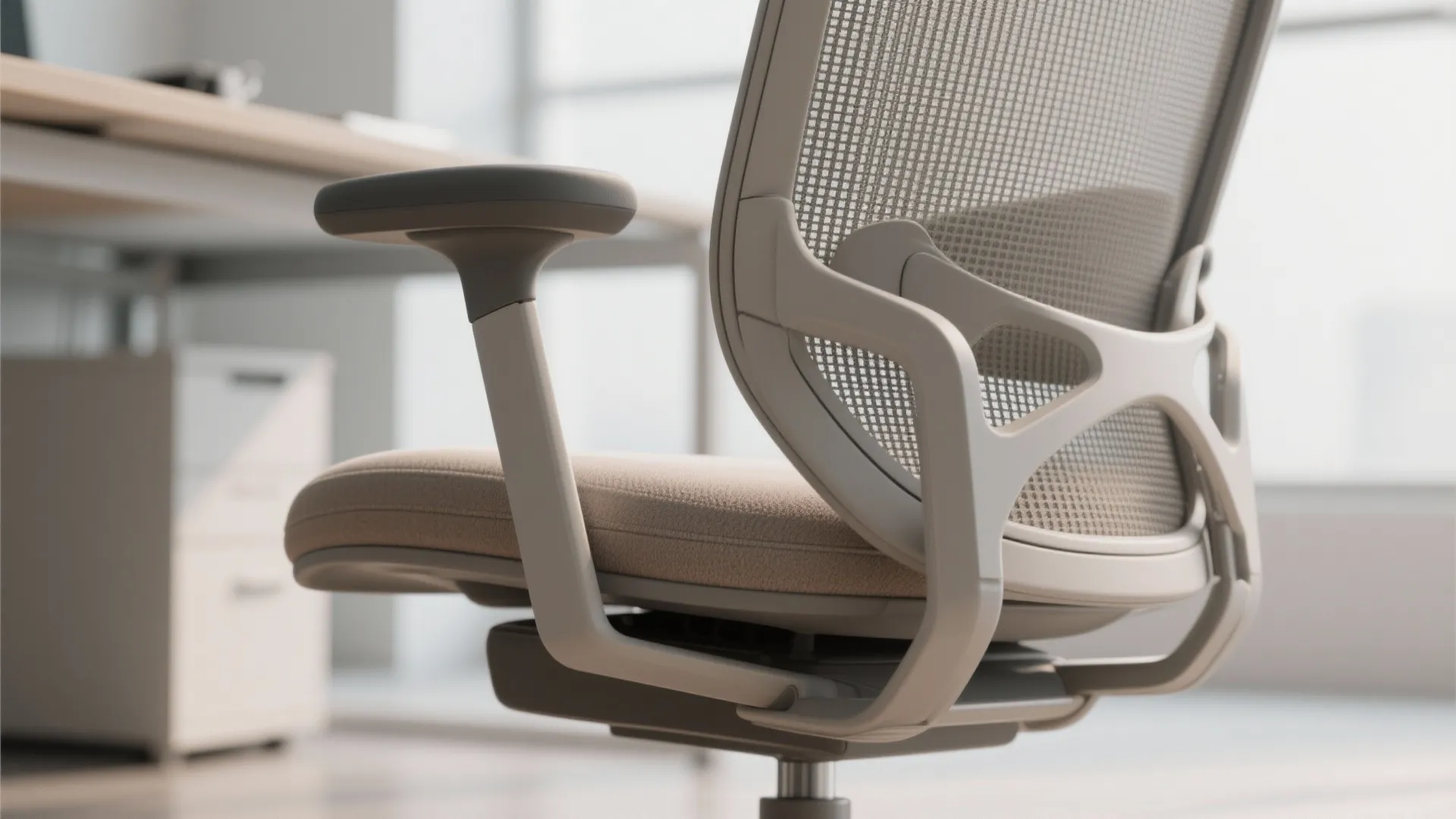 Modern grey office chair with mesh back and adjustable armrest next to a wooden office desk