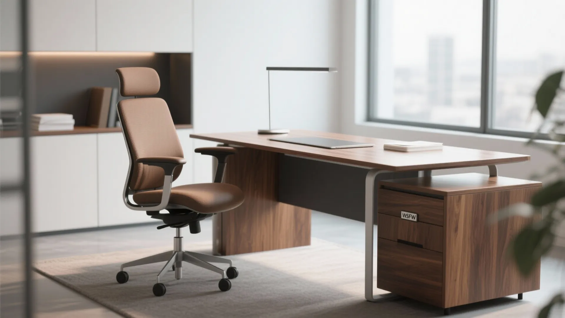 Walnut desk with ergonomic chair in modern office