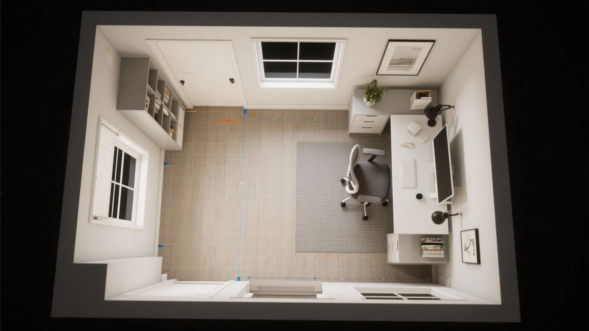 Top view interior design drawing of a small home office layout with white desk chair