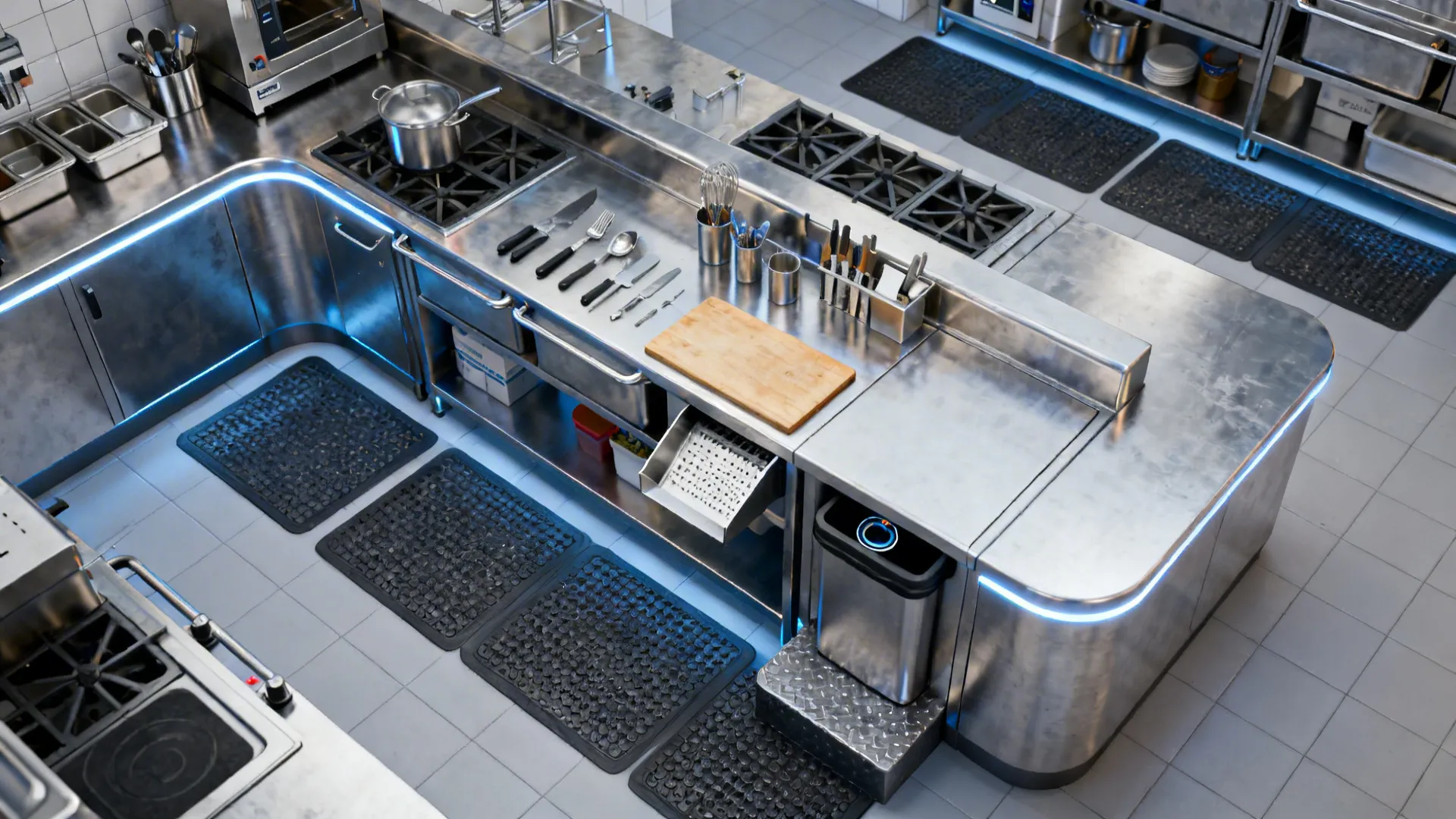 Top-down prep station with reach zones, scrap chute, nearby trash, and under-shelf lighting.
