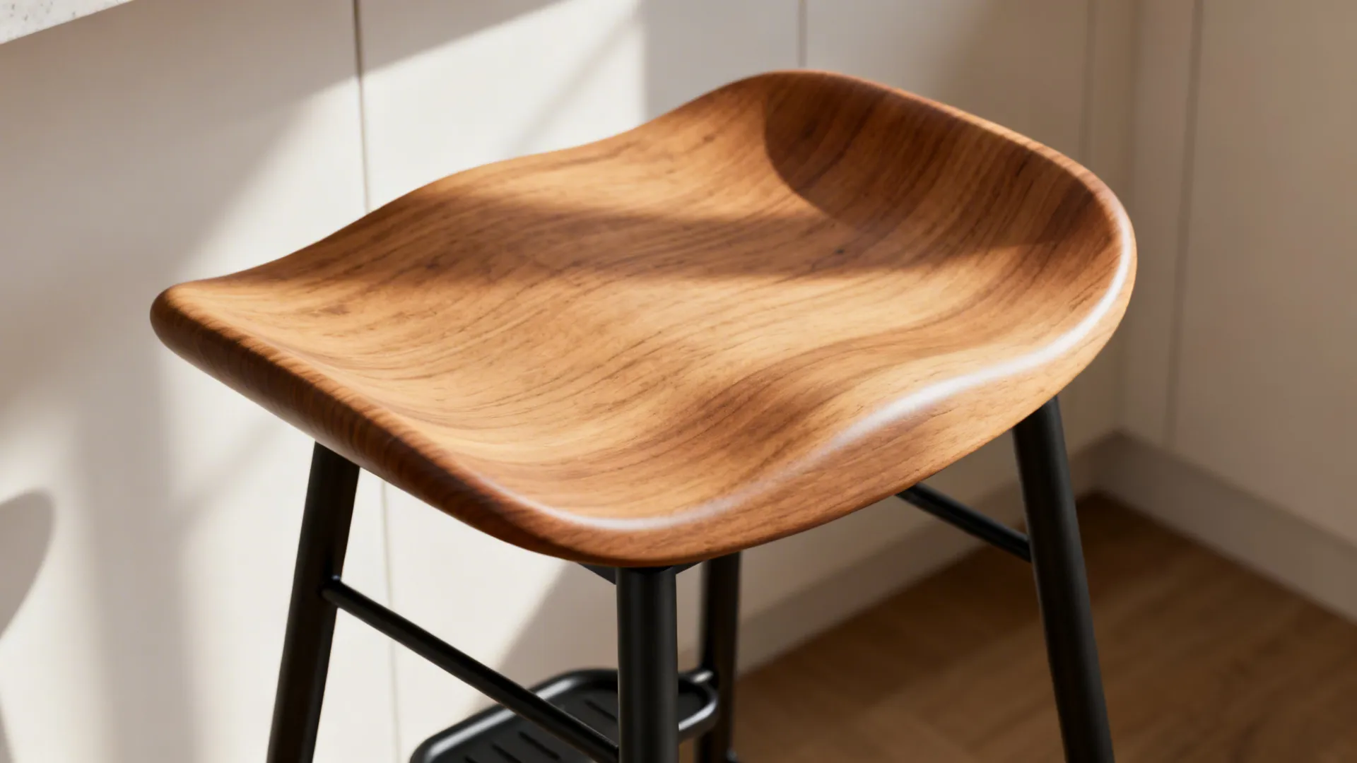 Macro of a contoured oak stool seat with waterfall edge and aligned footrest on a black frame.