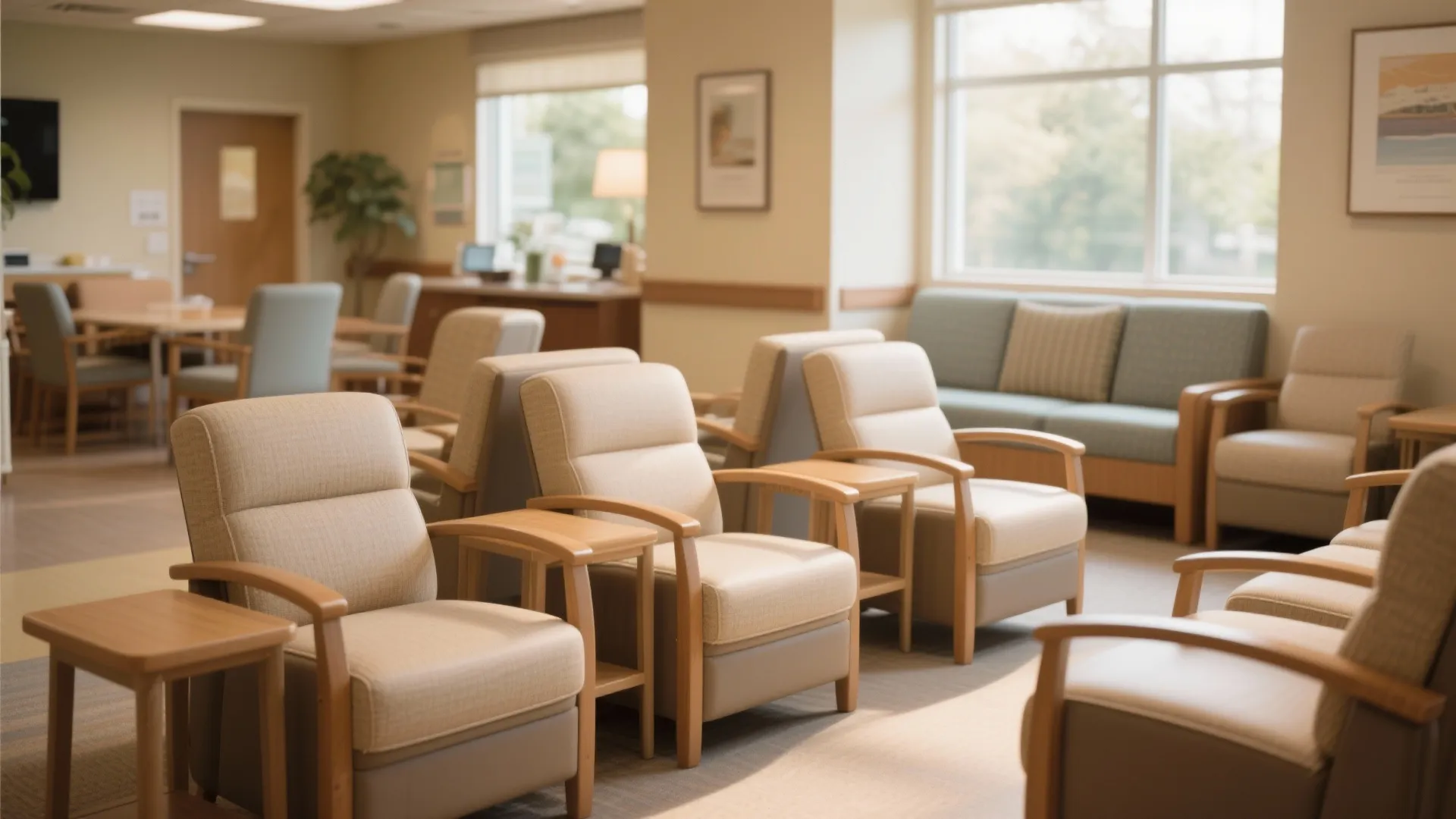Waiting room interior design featuring several comfortable beige chairs with wood arms and natural light