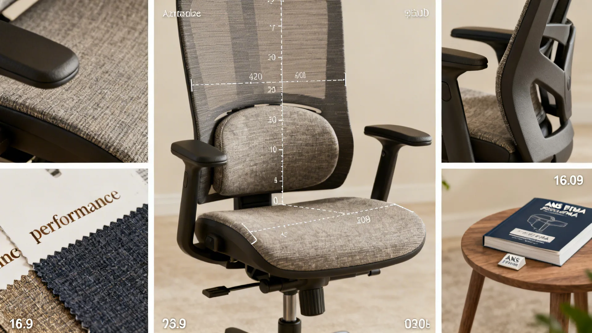 Collage showing ergonomic seating details, fabric swatches and an ANSI/BIFMA reference booklet.