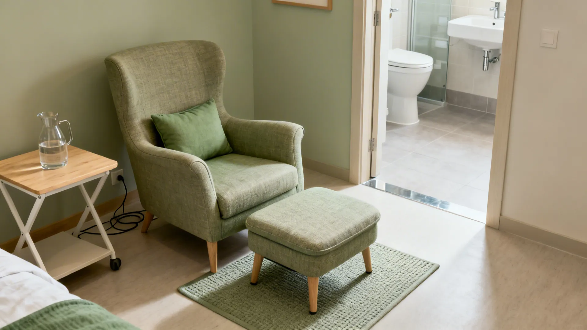 Ergonomic chair with lumbar support and ottoman beside a small table in a clear, safe bedroom layout.