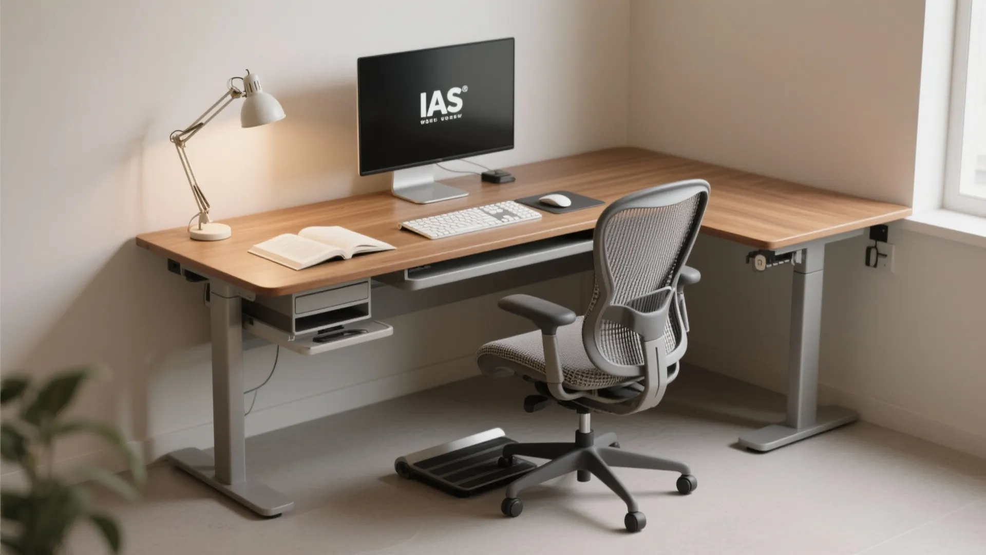 Modern wooden L-shaped standing desk with monitor, keyboard, ergonomic chair, desk lamp, and a footrest