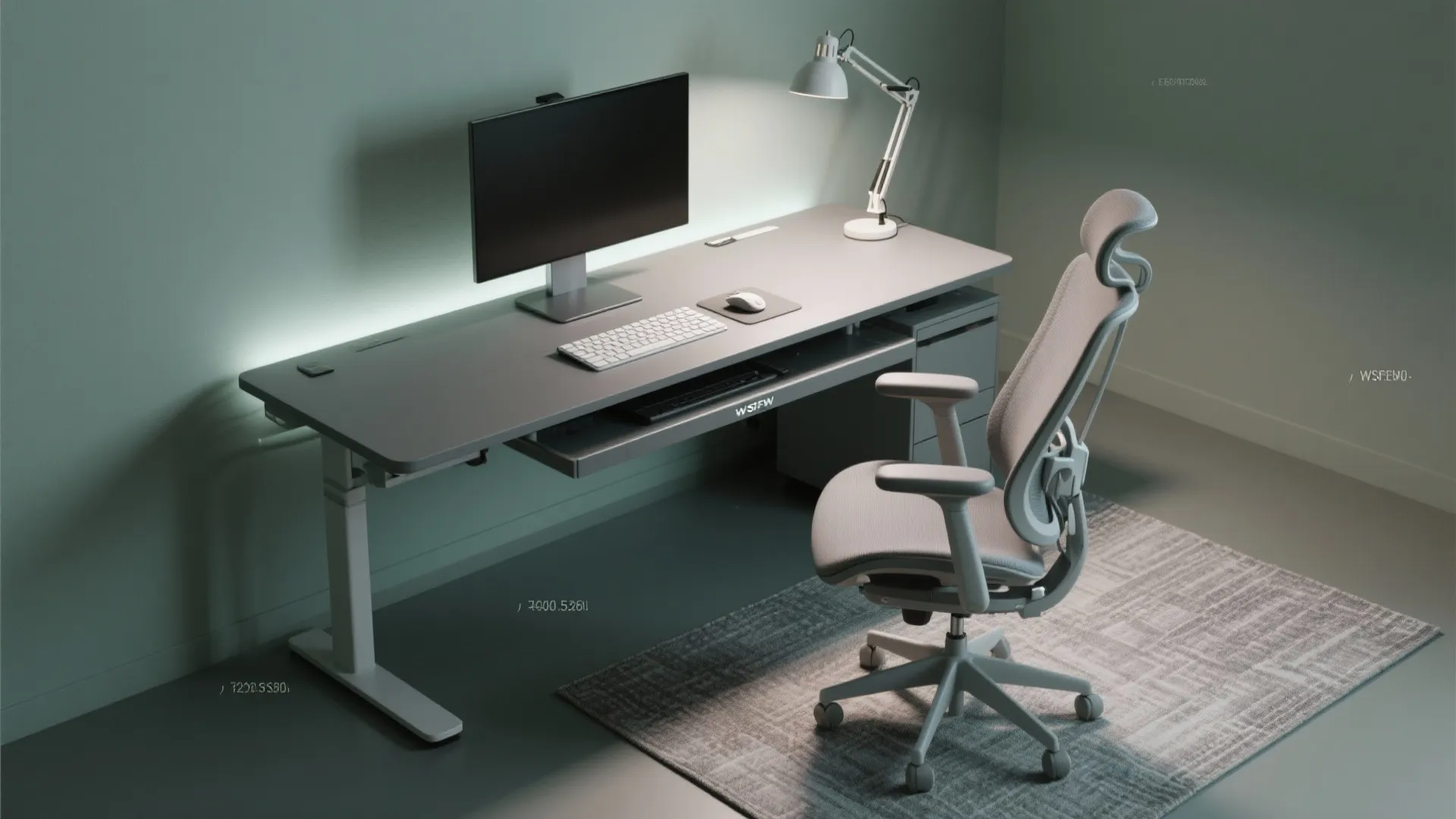 Grey height adjustable desk with monitor keyboard mouse ergonomic chair white lamp and small rug