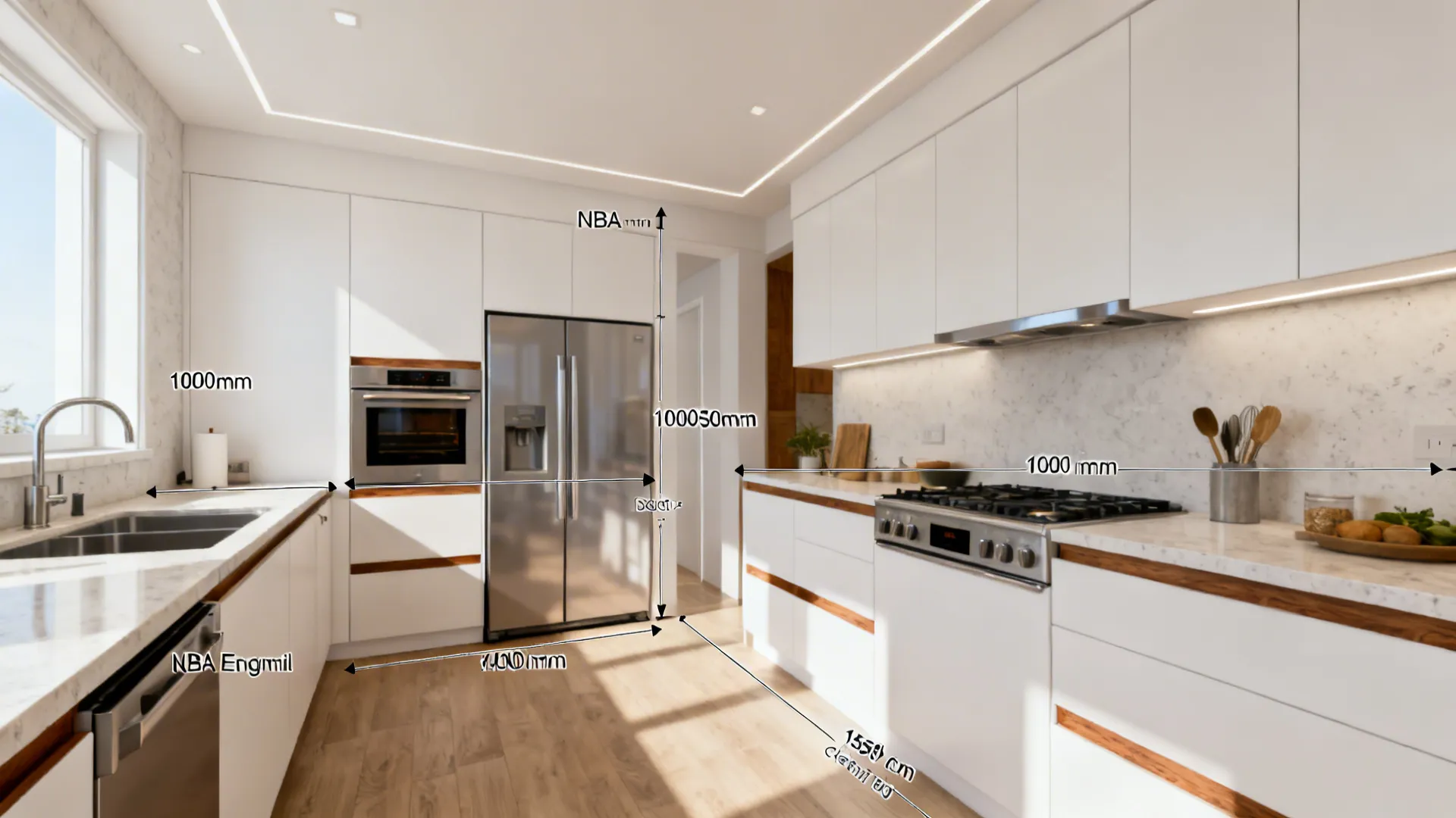Compact kitchen with waist-height oven, 900 mm counters, and a clear 1050 mm aisle.