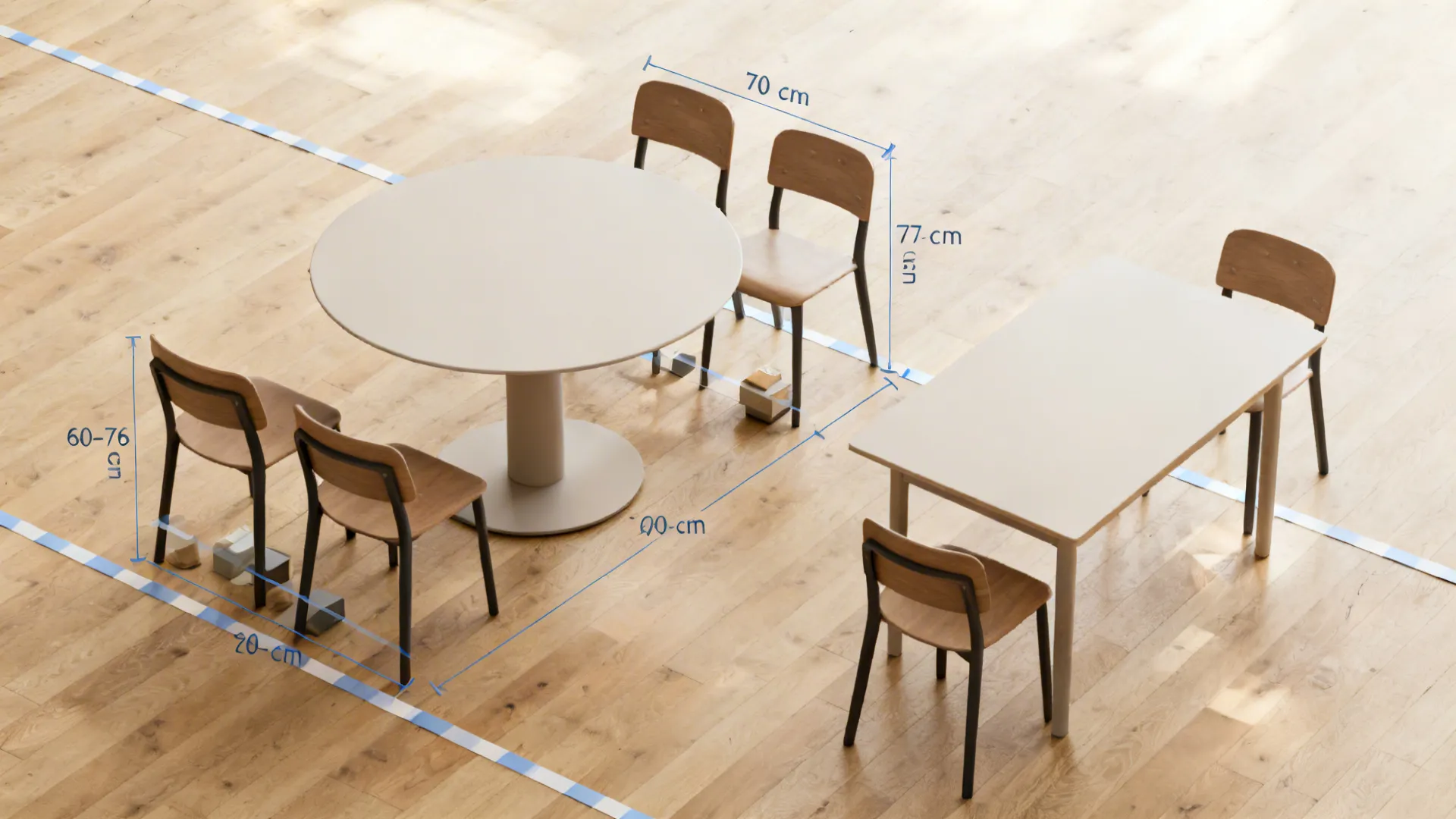 Top-down layout with taped clearances around chairs showing comfortable spacing in a small dining area.