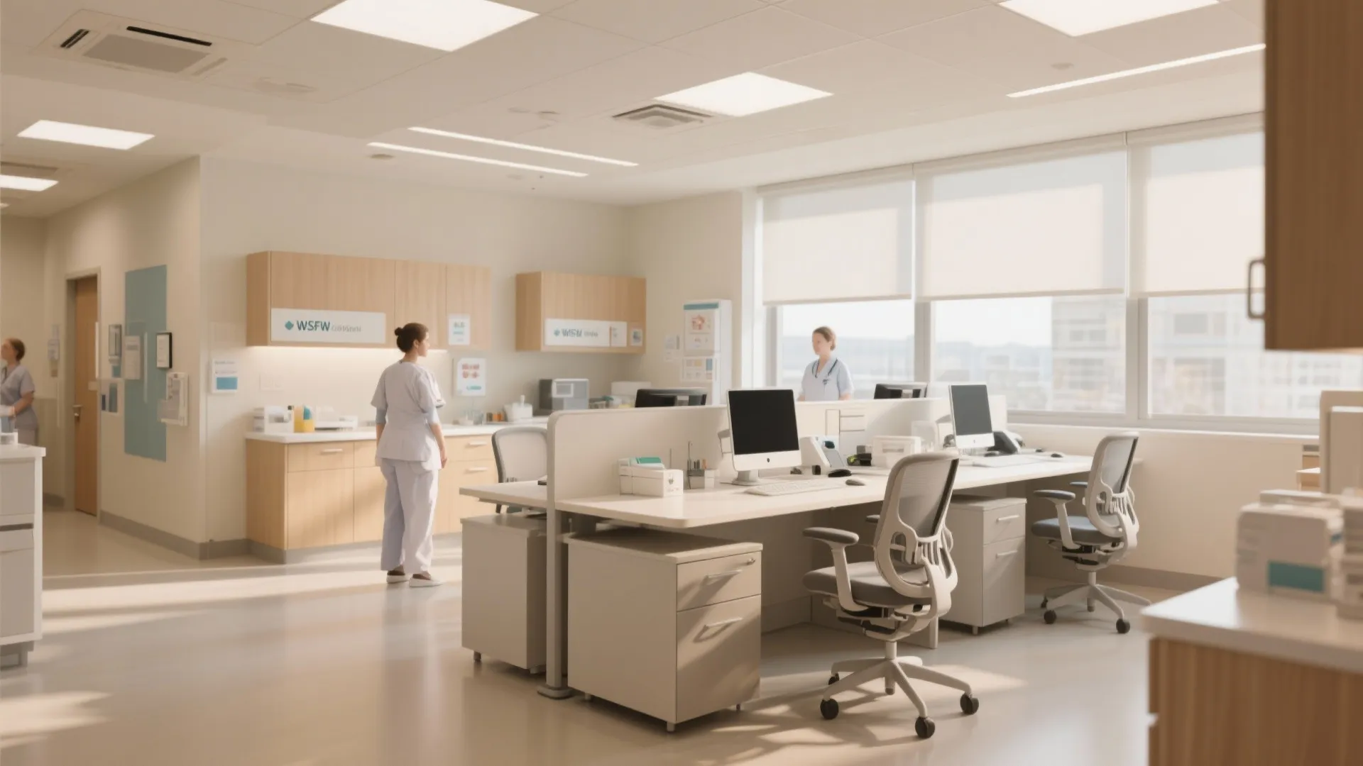 Bright hospital office workspace with white desks computers ergonomic chairs cabinets and staff members working