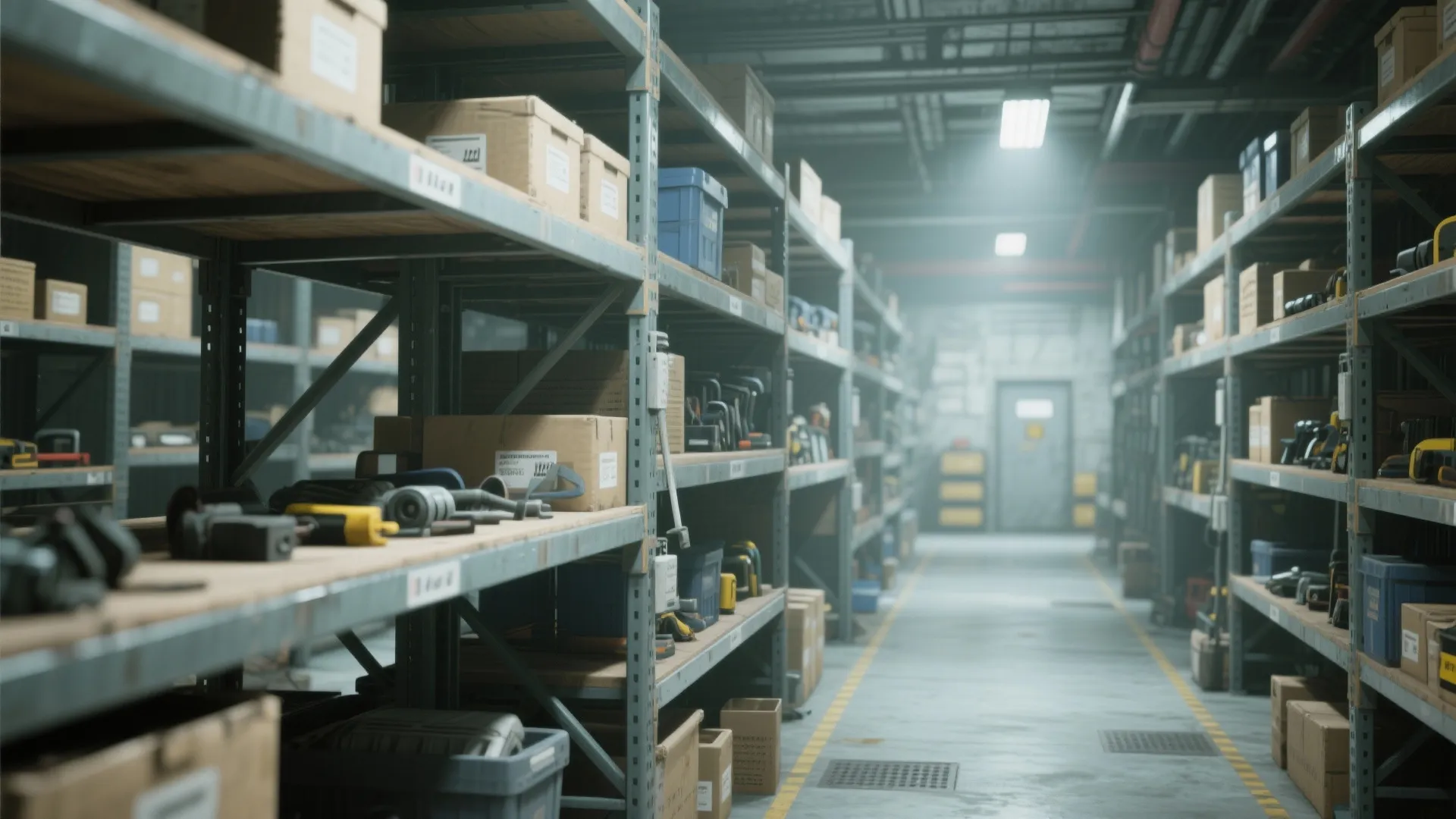 Industrial storage room with metal shelves holding cardboard boxes and tools in a clean workspace