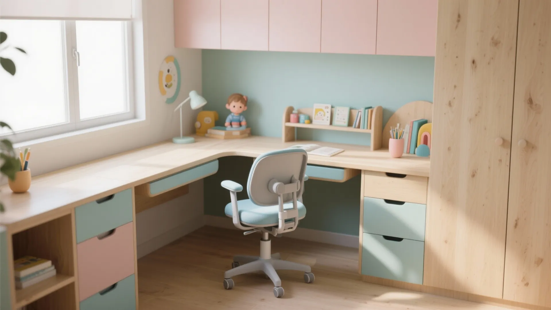 Modern wooden corner desk for children featuring a blue ergonomic chair and pastel colored drawers
