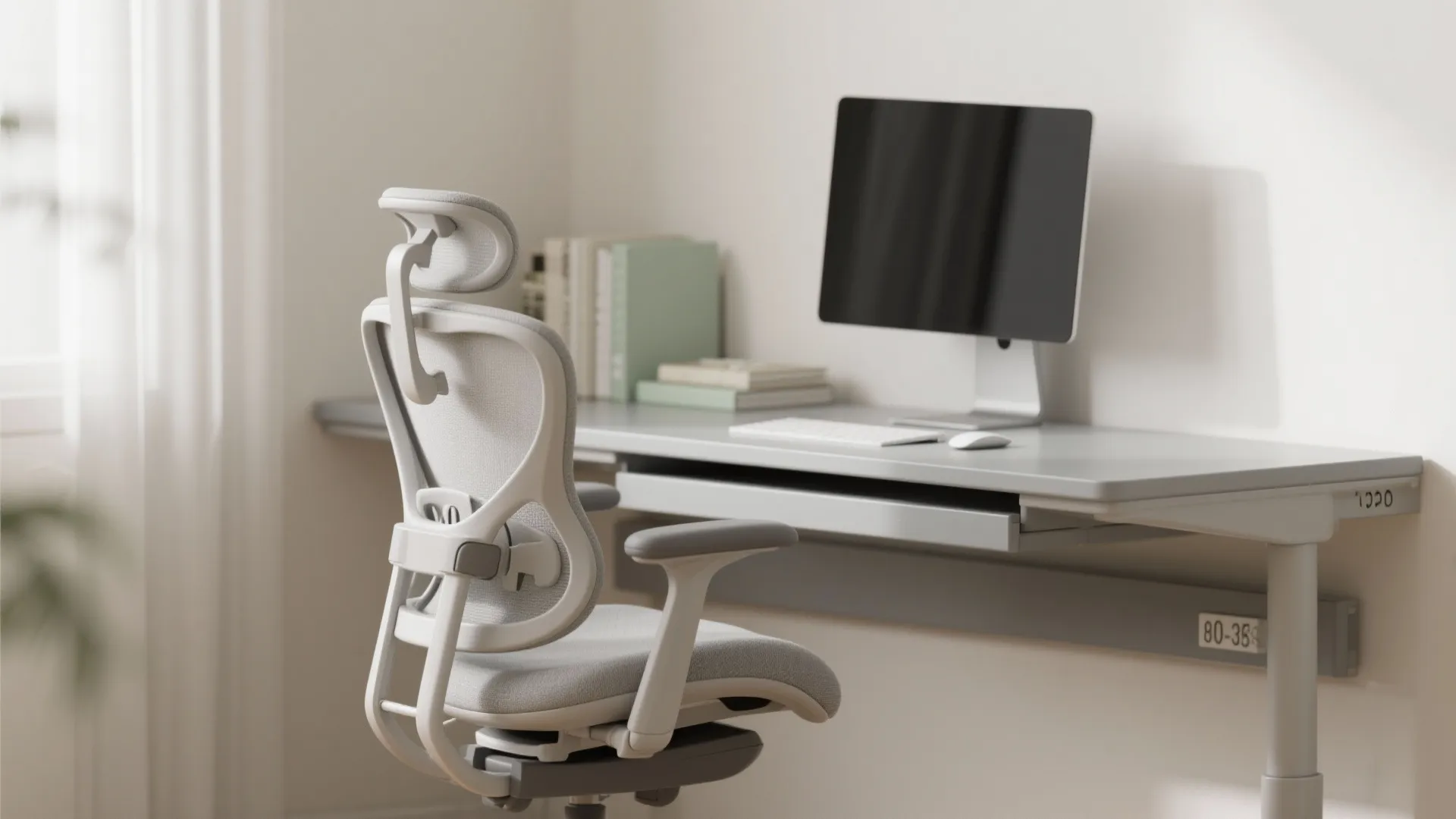 Modern ergonomic office chair with grey desk computer monitor books and natural light from window