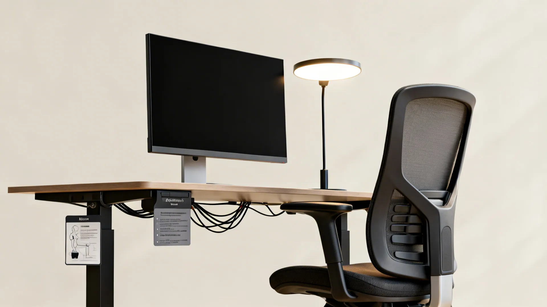 Modern home office setup with black computer monitor desk lamp and mesh back ergonomic chair