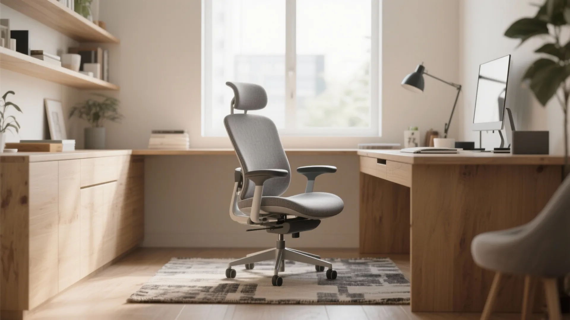 Grey office chair in a bright room with a wooden desk, computer, and natural light