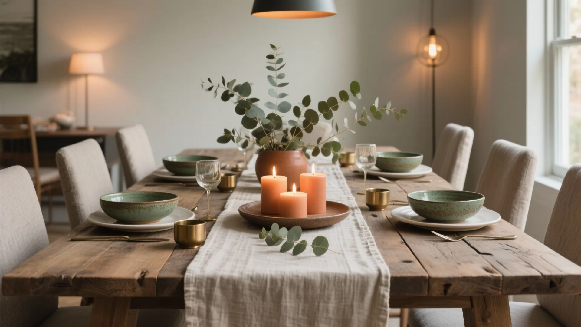 [
  {
    "url": "https://coohom-biz-sg-s3.coohom.com/ins/static/article/ergonomic-tablescape-1763842206723386500.jpg",
    "alt": "Wooden dining table set with green bowls, white plates, orange candles, and a leaf plant"
  }
]